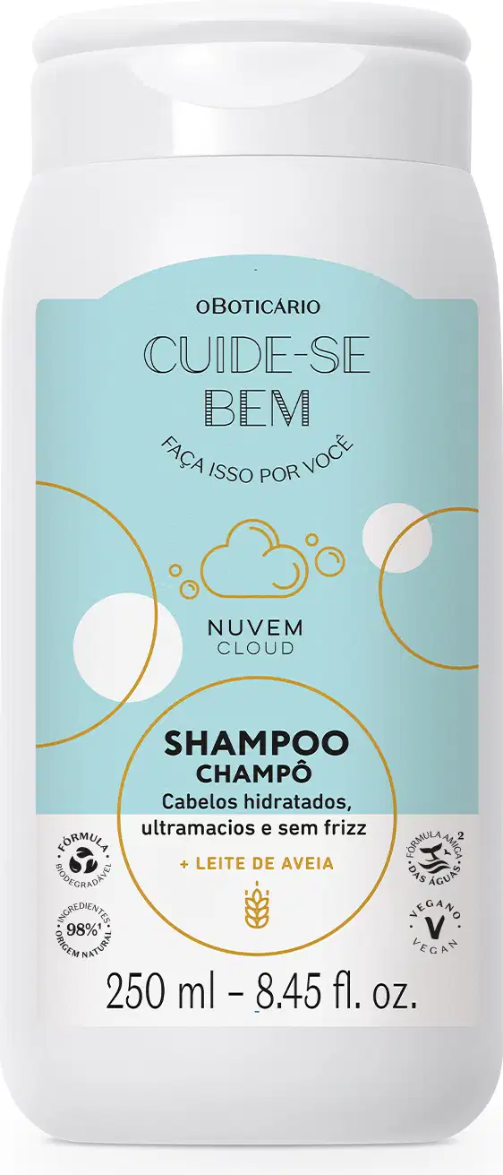 Imagem de um frasco branco de shampoo da marca Cuide-se Bem Nuvem, com rótulo em tons de azul e círculos amarelos, contendo a descrição e informações sobre o produto para cabelos hidratados e sem frizz em letras pretas.