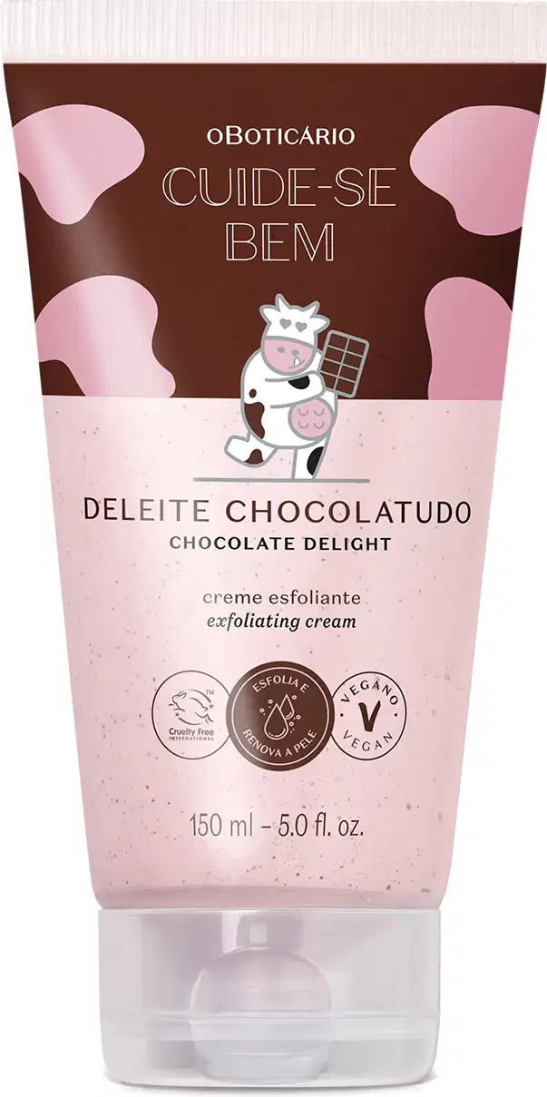 Creme esfoliante corporal Cuide-se Bem Deleite Chocolatudo em embalagem tubular de cor rosa claro com detalhes em marrom. Rótulo com ilustração de uma vaca segurando uma barra de chocolate.