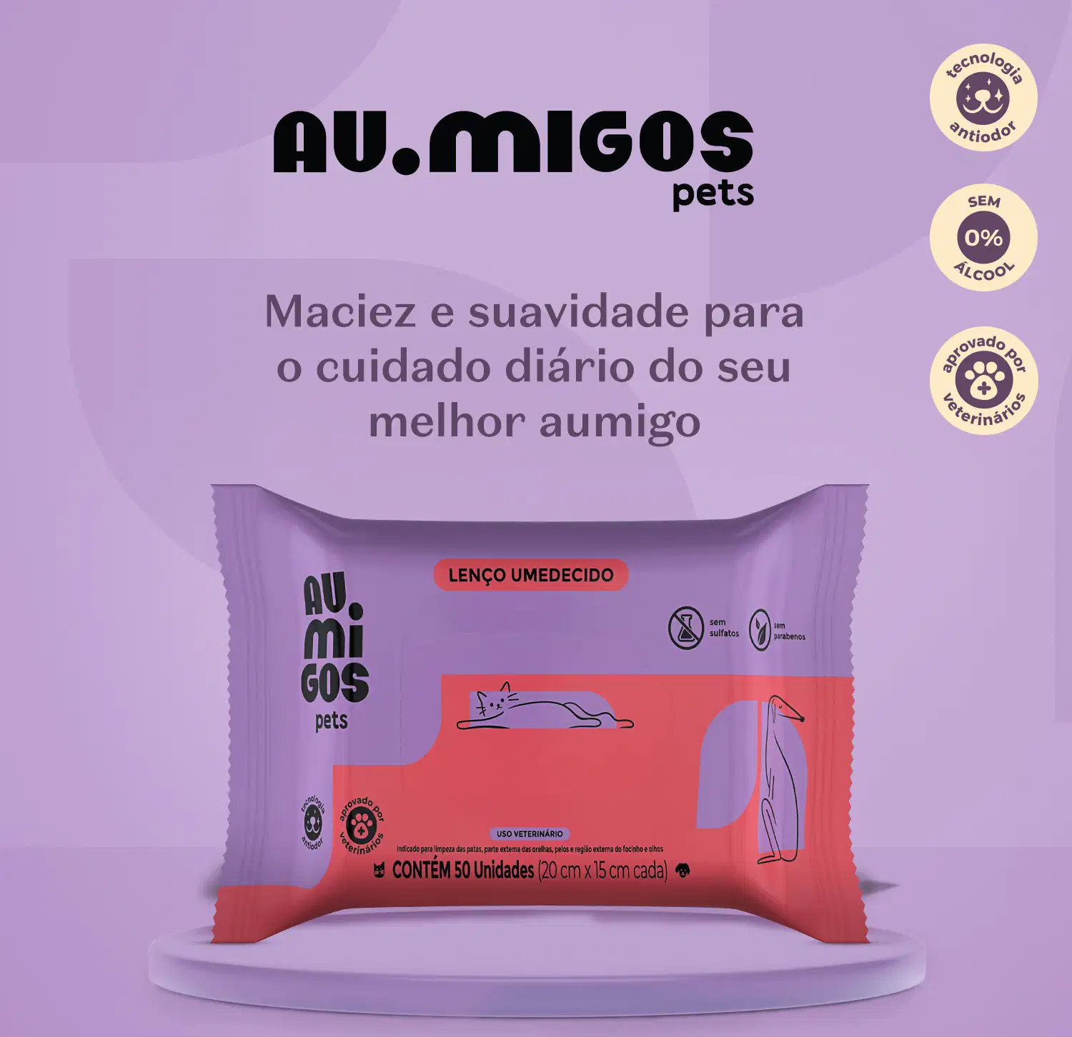 Este é um pacote de lenços umedecidos para cuidados de animais de estimação da marca Au.migos pets. O texto principal destaca que os lenços são macios e suaves para o cuidado diário do melhor aumigo.
