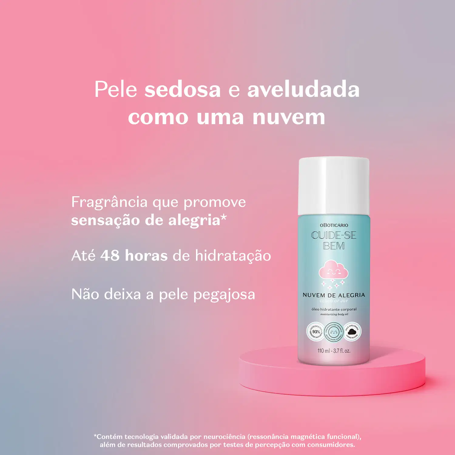 Frasco em tons de rosa e azul com ilustração de uma nuvem sorridente e tampa branca contendo 110ml de óleo hidratante corporal Cuide-se Bem Nuvem de Alegria em fundo rosa e azul e letras brancas informando os benefícios do produto.