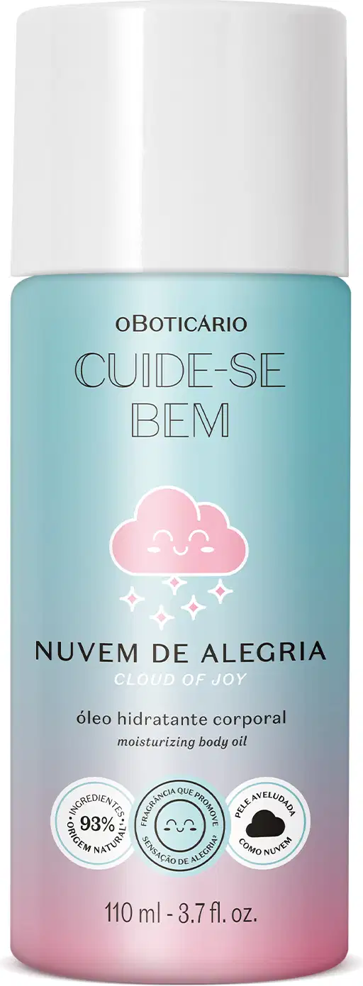 Frasco em tons de rosa e azul com ilustração de uma nuvem sorridente e tampa branca contendo 110ml de óleo hidratante corporal Cuide-se Bem Nuvem de Alegria.