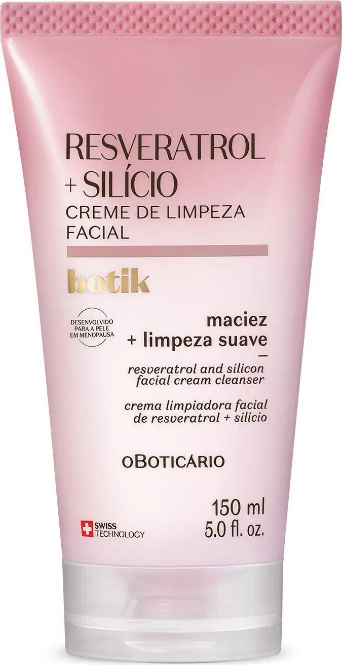 Bisnaga com degradê de rosa e branco e letras marrons contendo 150ml de creme de limpeza facial Botik  Resveratrol e Silício.