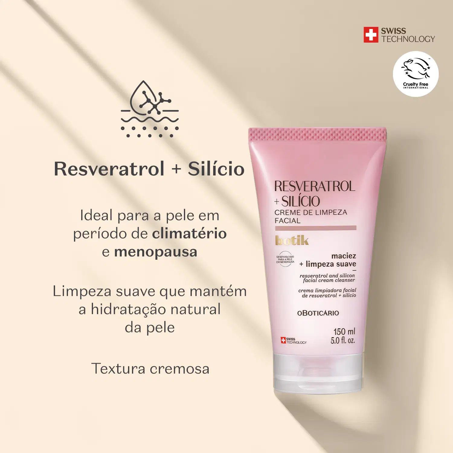 Bisnaga com degradê de rosa e branco e letras marrons contendo creme de limpeza facial Botik  Resveratrol e Silício em fundo claro com sombras e letras pretas informando os benefícios dos ingredientes principais Resveratrol + Silício.