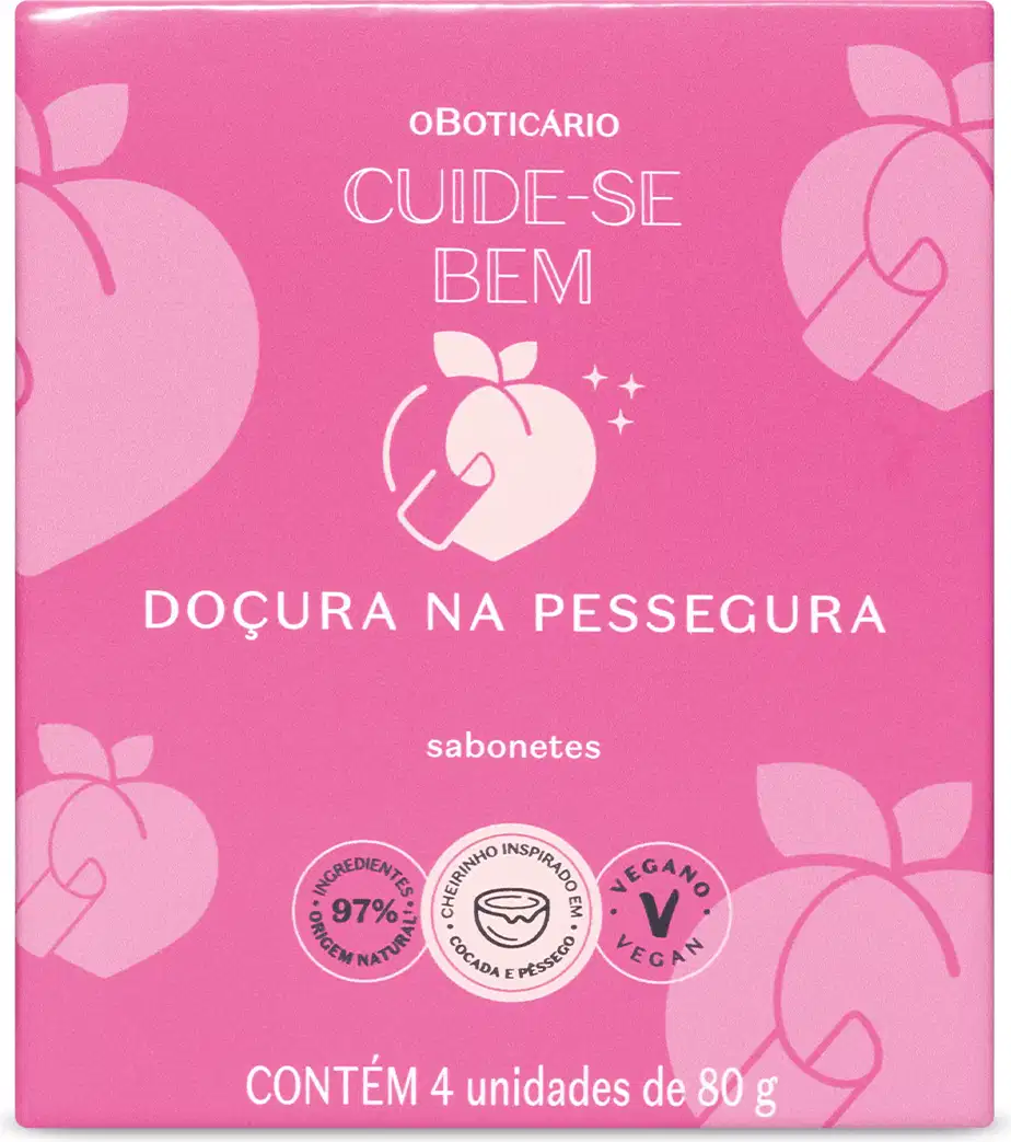 Caixa pink com ilustrações de pêssego em rosa claro contendo Sabonetes Em Barra Cuide-se Bem Doçura na Pessegura 4x80g, da marca Cuide-se Bem Pessegura de o Boticário.