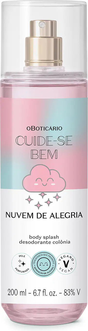 Frasco transparente com líquido lilás, pulverizador dourado e rótulo em tons de azul e rosa com nuvem sorridente ilustrada contendo 200ml de body splash Cuide-se Bem Nuvem de Alegria.
