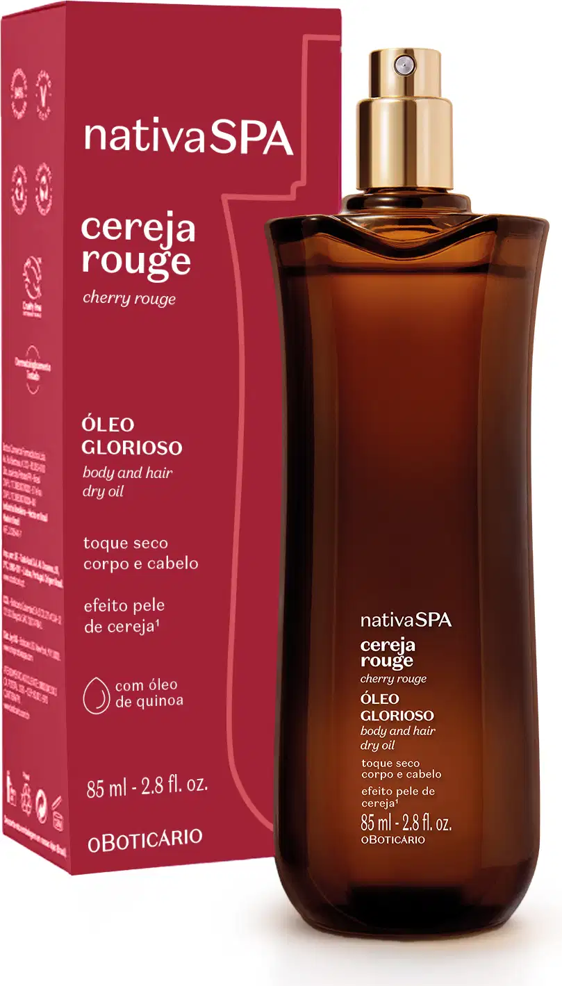 Frasco longo na cor vermelho escuro com borrifador dourado contendo 85ml de óleo multifuncional glorioso corpo e cabelos Nativa SPA Cereja Rouge ao lado de sua caixa na cor vermelha com letras brancas.