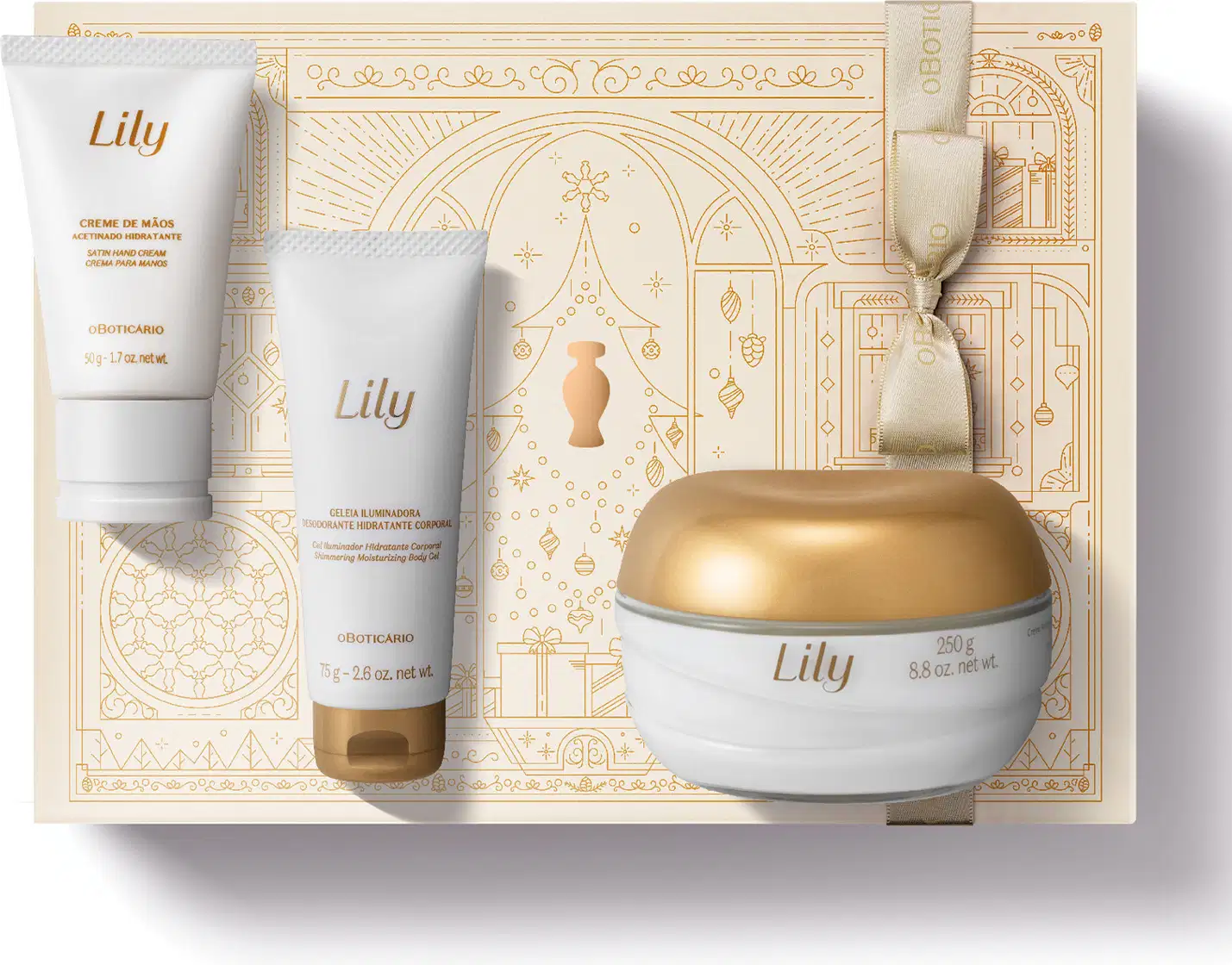 Caixa de presente bege com detalhes dourados e três itens da marca Lily em embalagens na cor branca e dourada, incluindo creme de mãos acetinado, geleia iluminadora corporal e creme acetinado corporal.