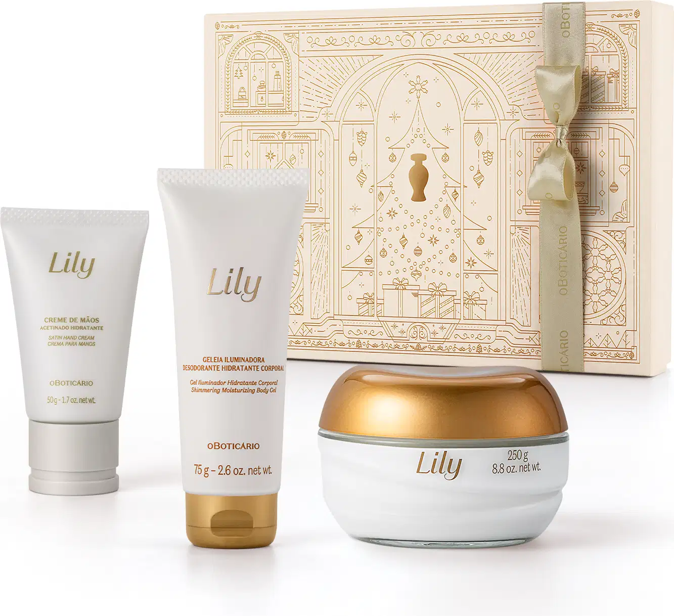 Caixa de presente bege com detalhes dourados e três itens da marca Lily em embalagens na cor branca e dourada, incluindo creme de mãos acetinado, geleia iluminadora corporal e creme acetinado corporal.