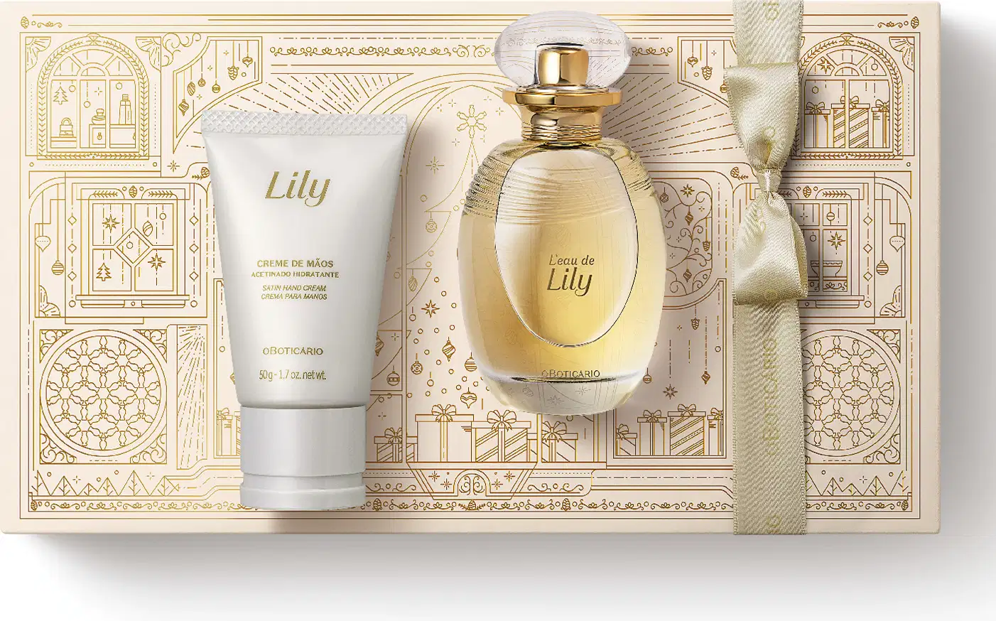 Caixa de presente bege com detalhes dourados, vidro com líquido amarelo com tampa dourada de L`eau De Lily e bisnaga branca com tampa cinza de creme de mãos acetinado da marca Lily.