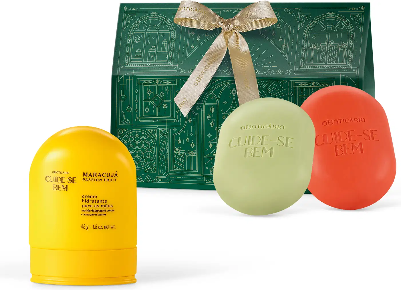A imagem mostra produtos da linha Cuide-se Bem Feira: inclui um creme hidratante amarelo em um frasco cilíndrico, um sabonete oval verde e um sabonete oval vermelho. Traz ainda uma caixa verde com uma fita dourada