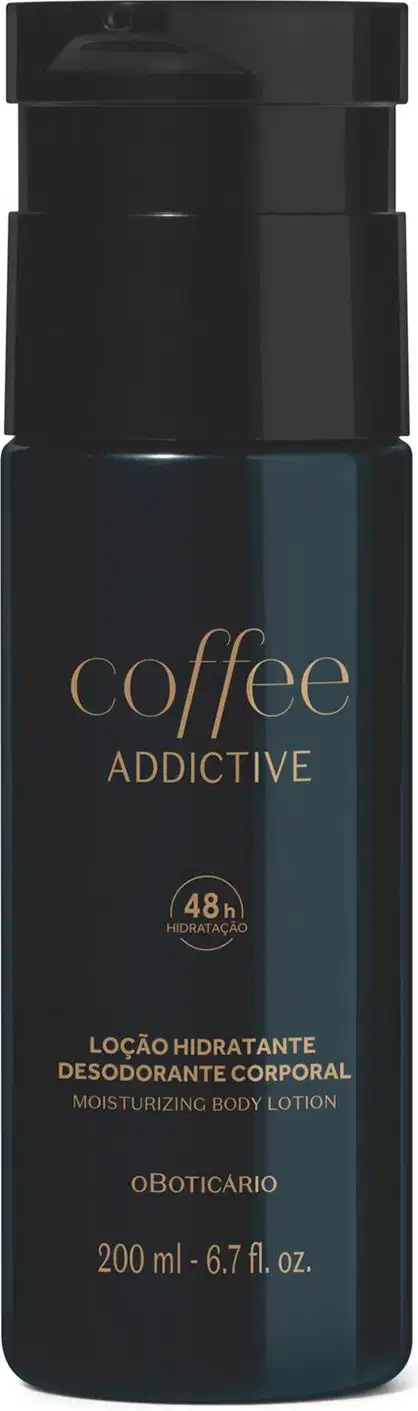 Frasco preto com letras bege escuro contendo 200ml de loção hidratante desodorante corporal Coffee Addictive Oriental Aromático.