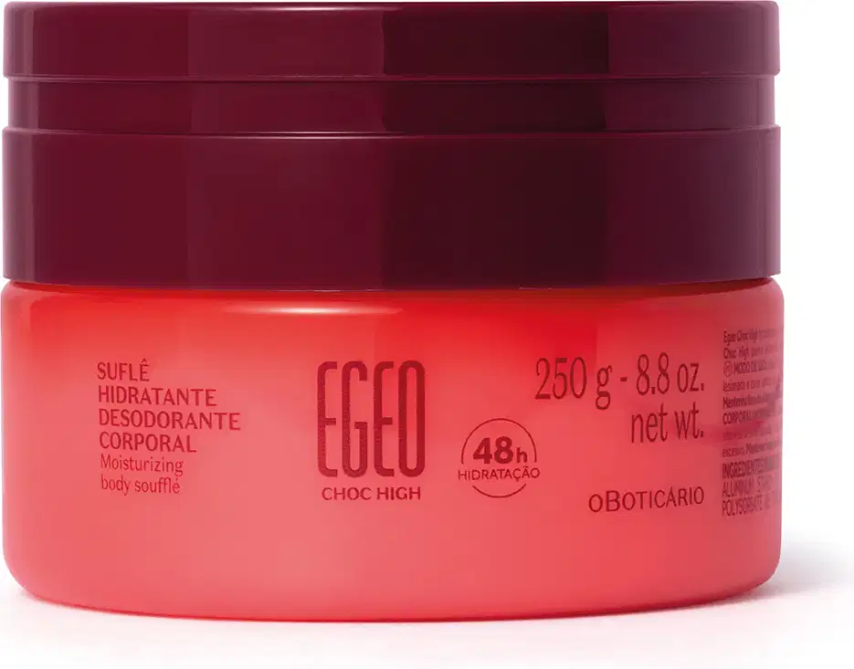 Pote de tampa vinho e embalagem rosa de Suflê Hidratante Desodorante Corporal da linha Egeo Choc High.