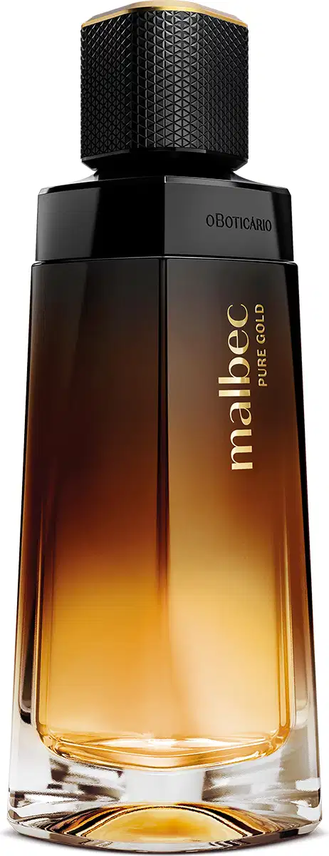 Imagem de frasco de desodorante colônia da marca Malbec Pure Gold em tons degradê de marrom a dourado, com formato geométrico e tampa preta, A embalagem traz rótulo dourado e 100 ml da fragrância.