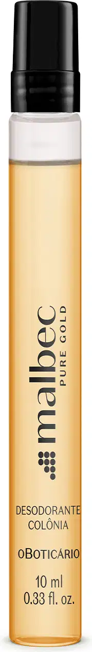 Frasco transparente com tampa preta contendo líquido âmbar de Malbec Pure Gold Desodorante Colônia em versão compacta de 10ml.