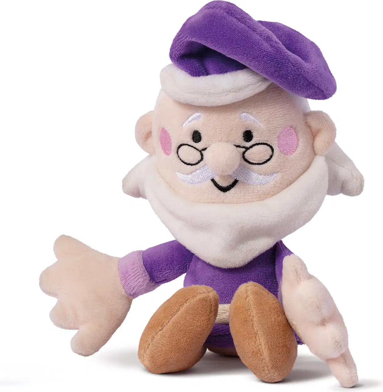Esta é uma pelúcia fofa representando um idoso sorridente. O brinquedo tem um corpo macio de tecido na cor bege claro, com bochechas rosadas e olhos pretos bordados em um rosto alegre. Ele veste um gorro e roupas na cor roxa vibrante.