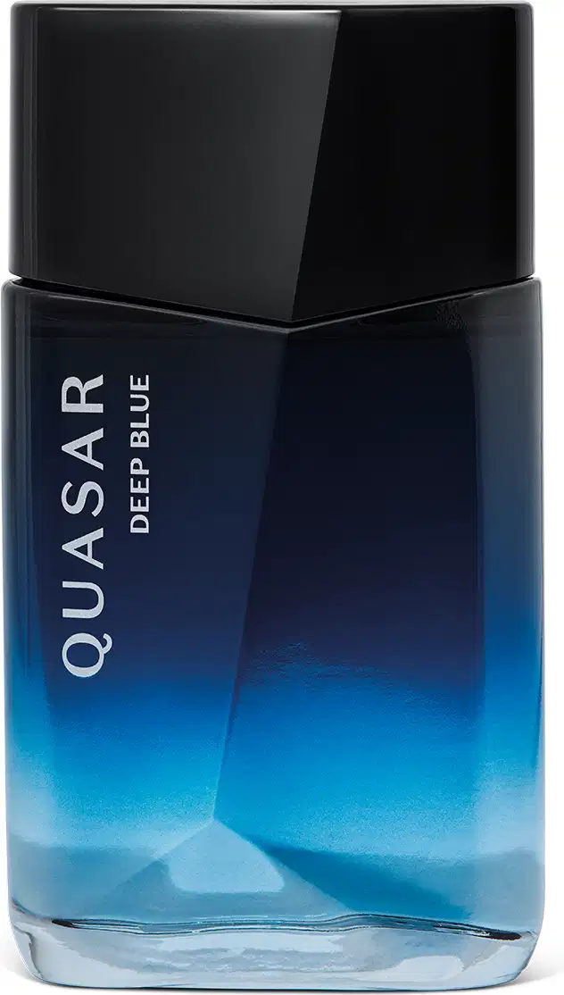 Vidro em formato quadrado com degradê em tons de azul e letras bege contendo 100ml de desodorante colônia Quasar Deep Blue.