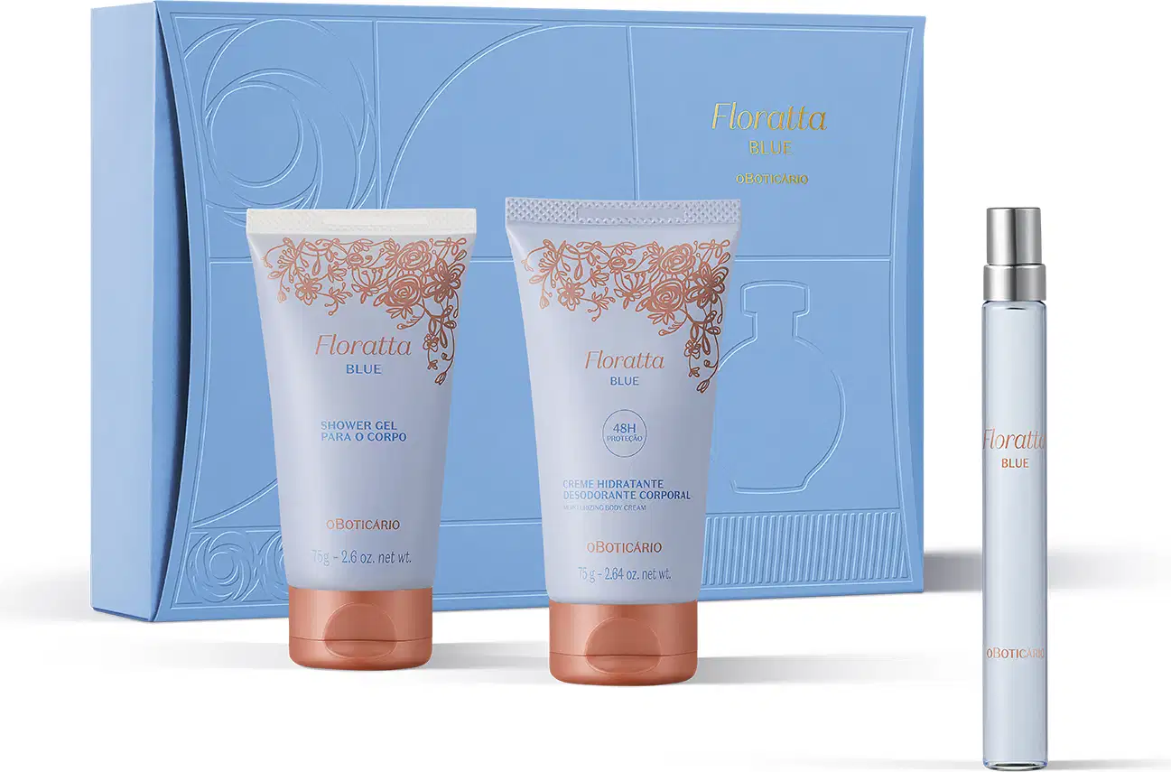 Imagem do Mini Kit Floratta Blue com duas bisnagas azuis e douradas, sendo uma de gel de banho corporal e uma de creme hidratante corporal, além de um vidro cilíndrico de 10ml de desodorante colônia e uma caixa presenteável azul com detalhes dourados.