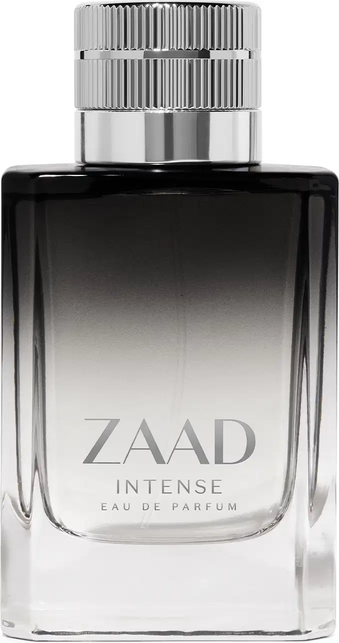 Imagem de um vidro de Eau de Parfum Zaad Intense, com design elegante em preto e prata. O rótulo destaca o nome da marca Zaad Intense e a descrição em letras grandes e claras.
