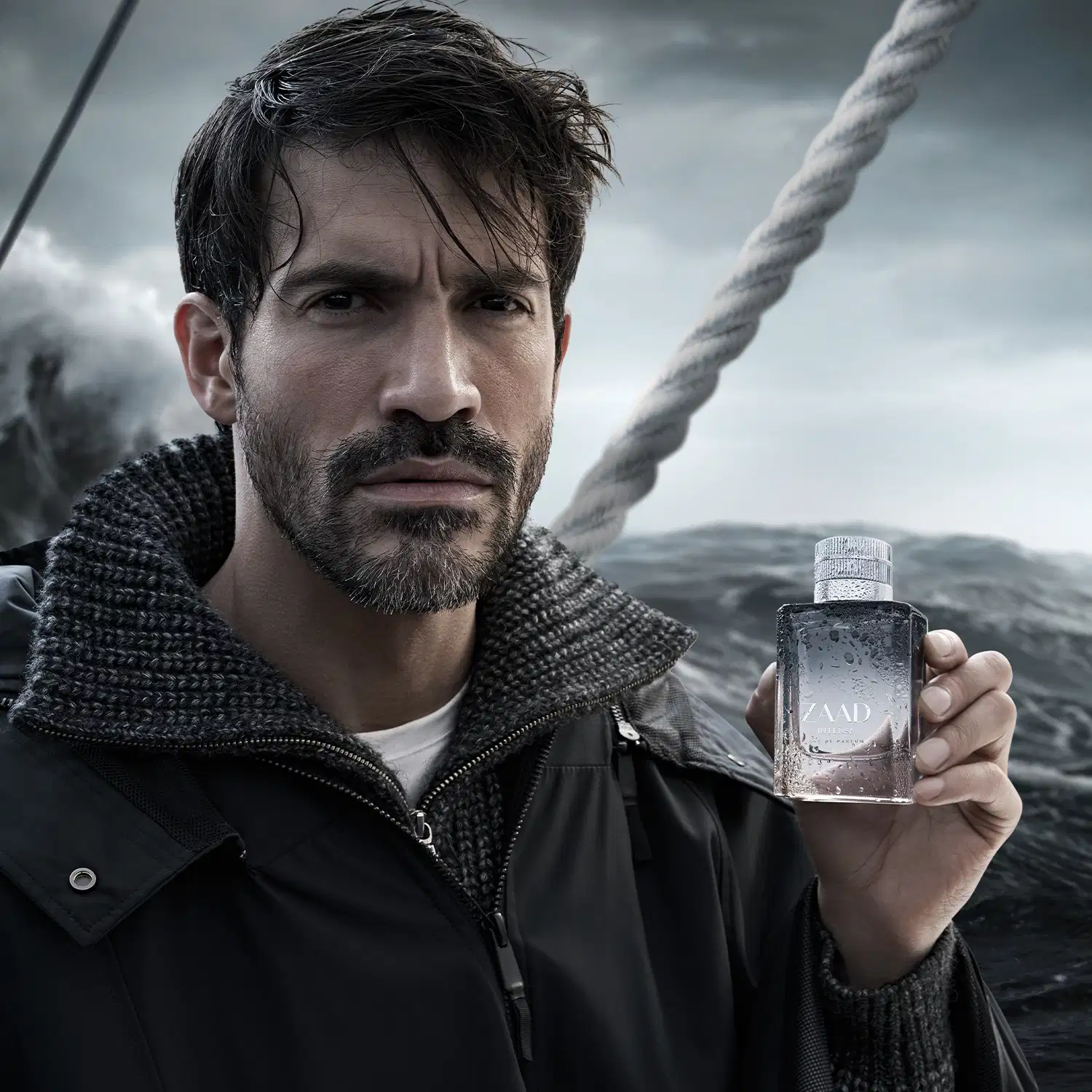 Imagem de um homem com barba segurando um frasco de Eau de Parfum da marca Zaad Intense em meio a um cenário marítimo com céu nublado e corda.