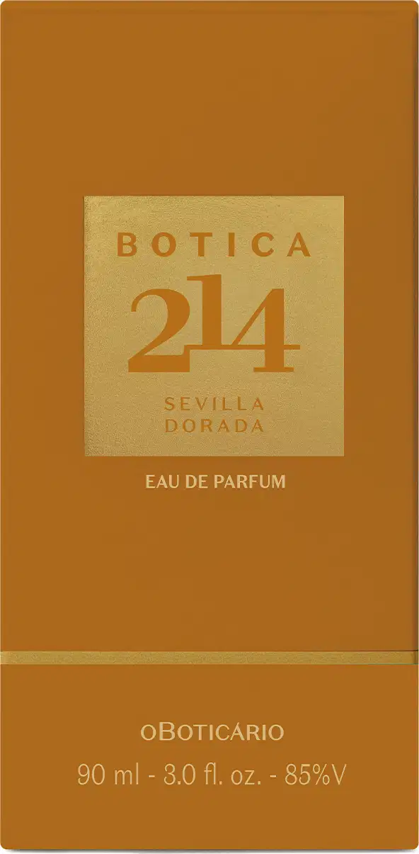 Caixa retangular de cor laranja e rótulo em letras douradas contendo um Eau de Parfum Fougére Aromático Botica 214 Sevilla Dorada.