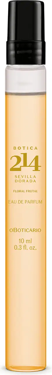 Vidro transparente cilíndrico com tampa preta e líquido rosado contendo 10ml de Eau De Parfum Botica 214 Sevilla Dorada Floral Frutal.