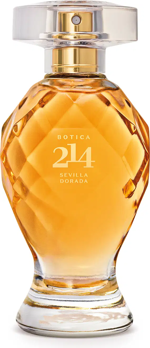 Frasco de Eau de Parfum Floral Frutal Botica 214 Sevilla Dorada, com formato ovalado e textura facetada, em embalagem transparente elíquido alaranjado, com rótulo destacando o nome da fragrância em letras amarelas.