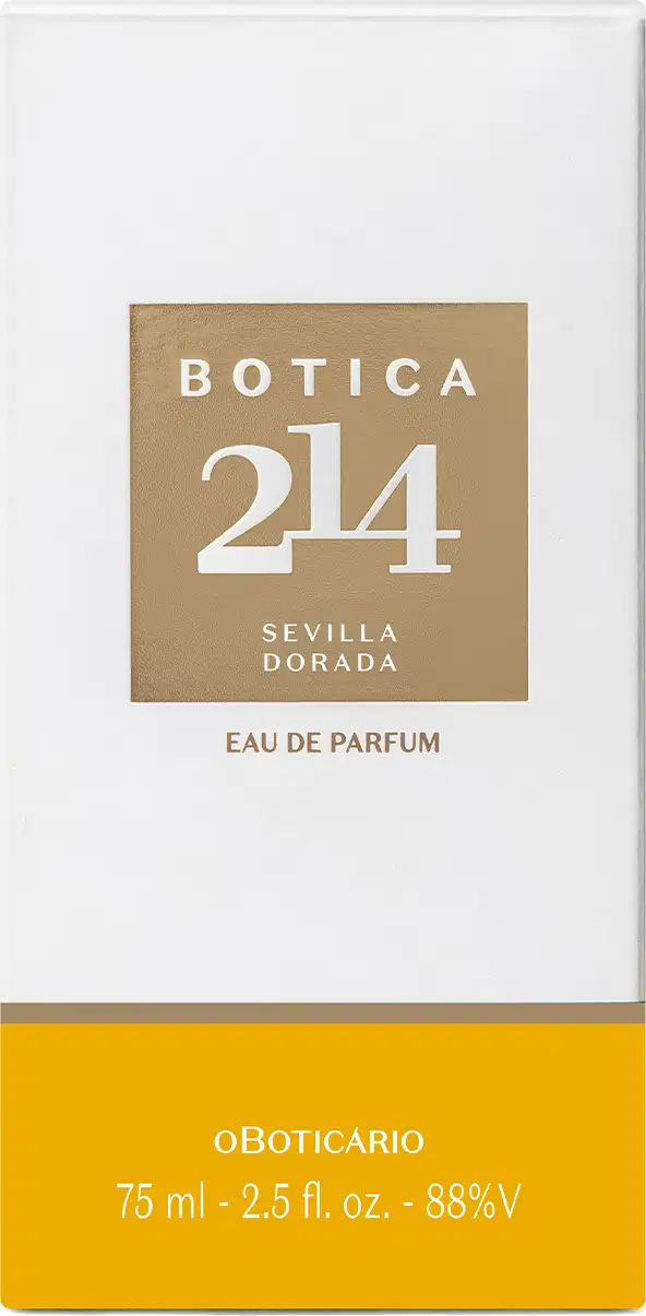 Caixa branca de Eau de Parfum Floral Frutal Botica 214 Sevilla Dorada com rótulo retangular em tom bege e texto em branco e fundo com detalhe na cor laranja.