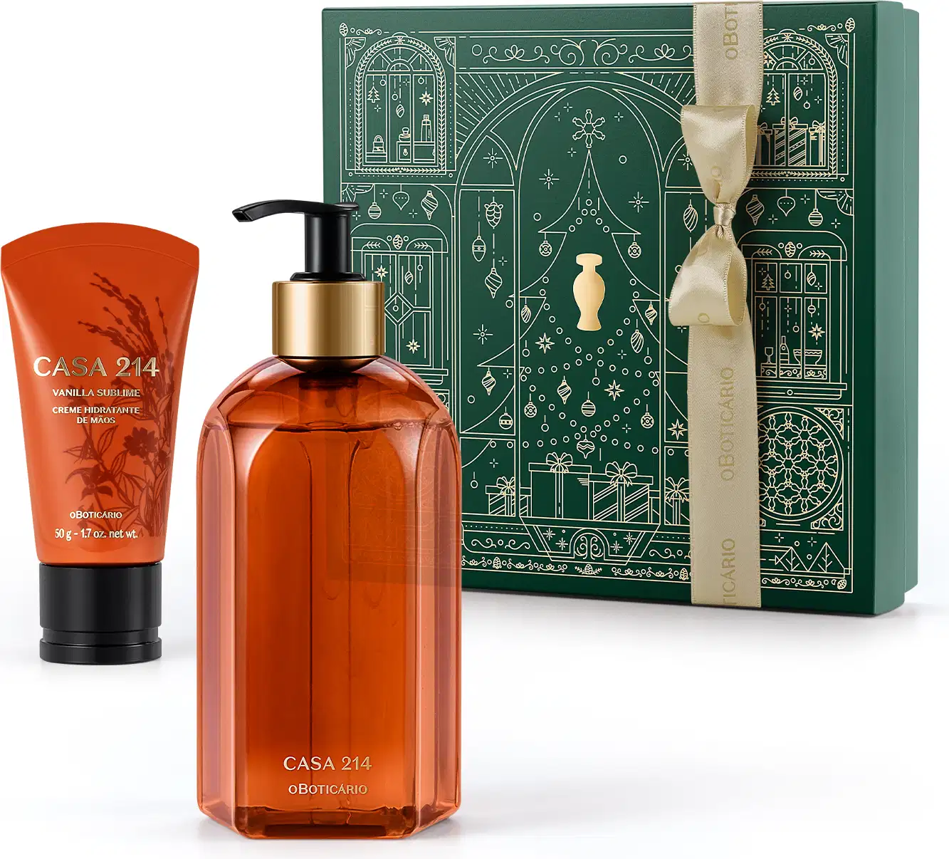 Caixa verde com detalhes dourados e dois itens da marca Casa 214 Vanilla Sublime, sendo uma bisnaga laranja com letras douradas e tampa preta de creme hidratante de mãos e um vidro laranja com bomba dosadora preta de sabonete líquido.