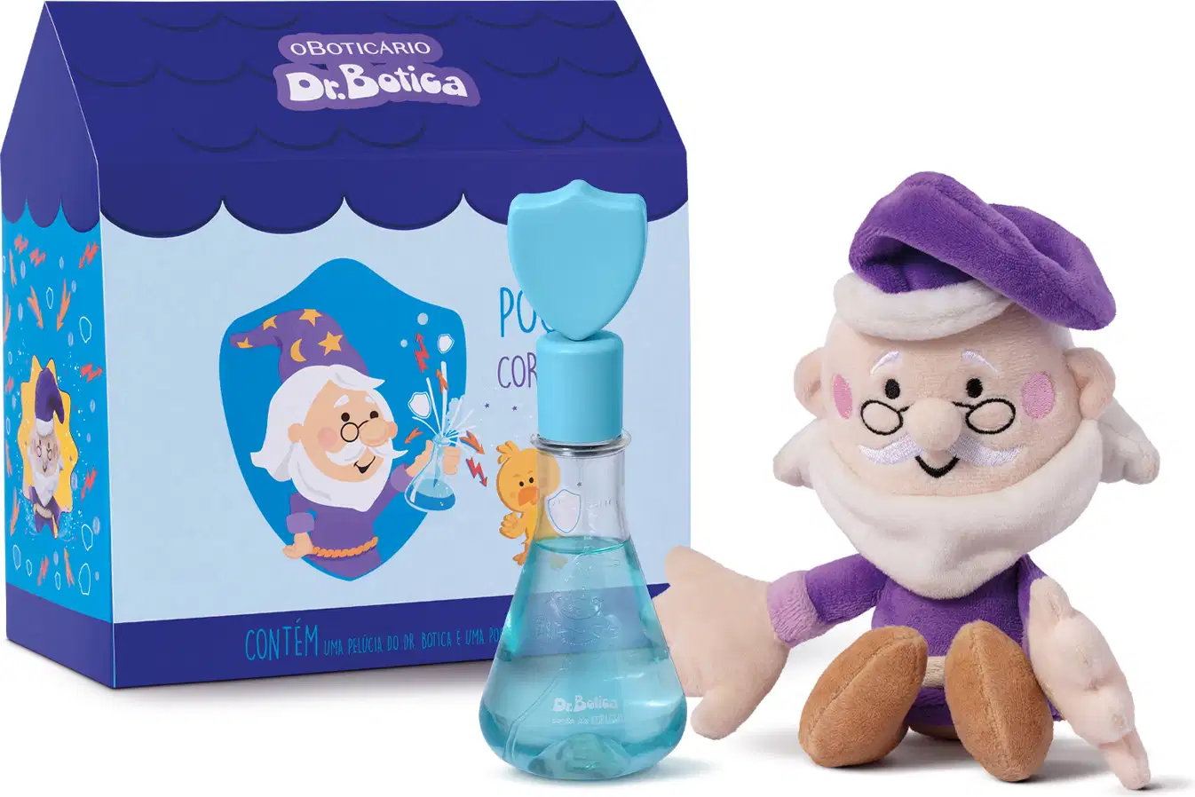 Kit Infantil Dr. Botica consiste em uma caixa azul com detalhes em branco e azul exibindo ilustrações de um personagem idoso e um urso de pelúcia. Dentro da caixa há um frasco de vidro azul contendo item de perfumaria e um brinquedo de pelúcia.