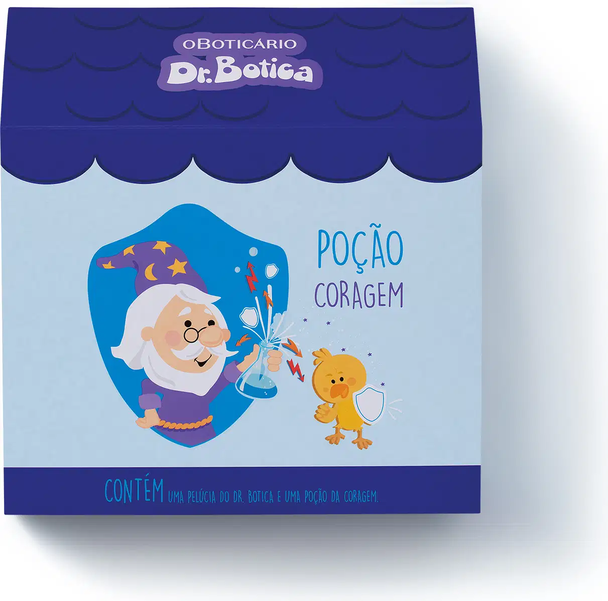 Caixa presenteável em tons de azul com ilustração de personagem da marca Dr. Botica e um urso de pelúcia com o nome da linha Poção da Coragem em destaque.