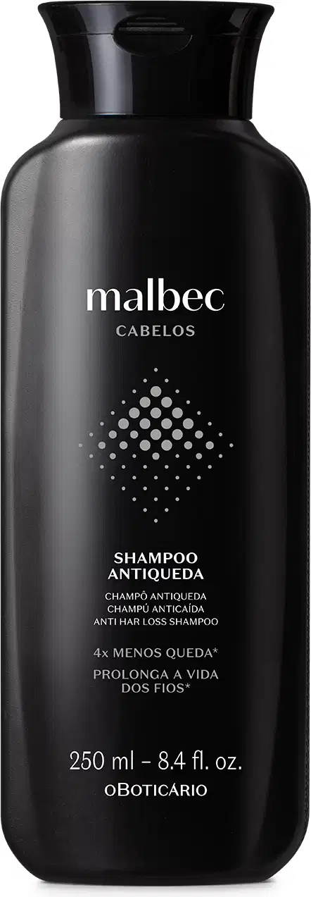 Frasco preto com letras brancas e detalhes cinza contendo 250ml de shampoo antiqueda Malbec Cabelos.