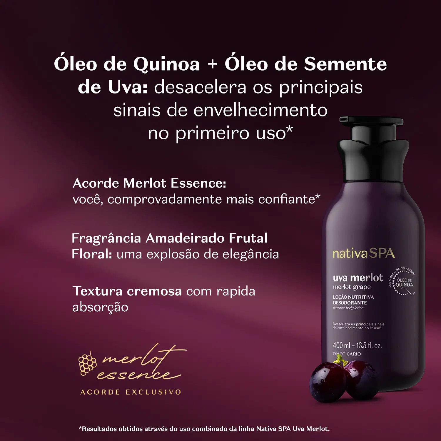 Frasco roxo escuro com tampa preta e letras douradas e brancas de loção nutritiva desodorante corporal Nativa SPA Merlot em fundo roxo com uvas frescas ao redor e texto em letras brancas informando a fragrância do produto.