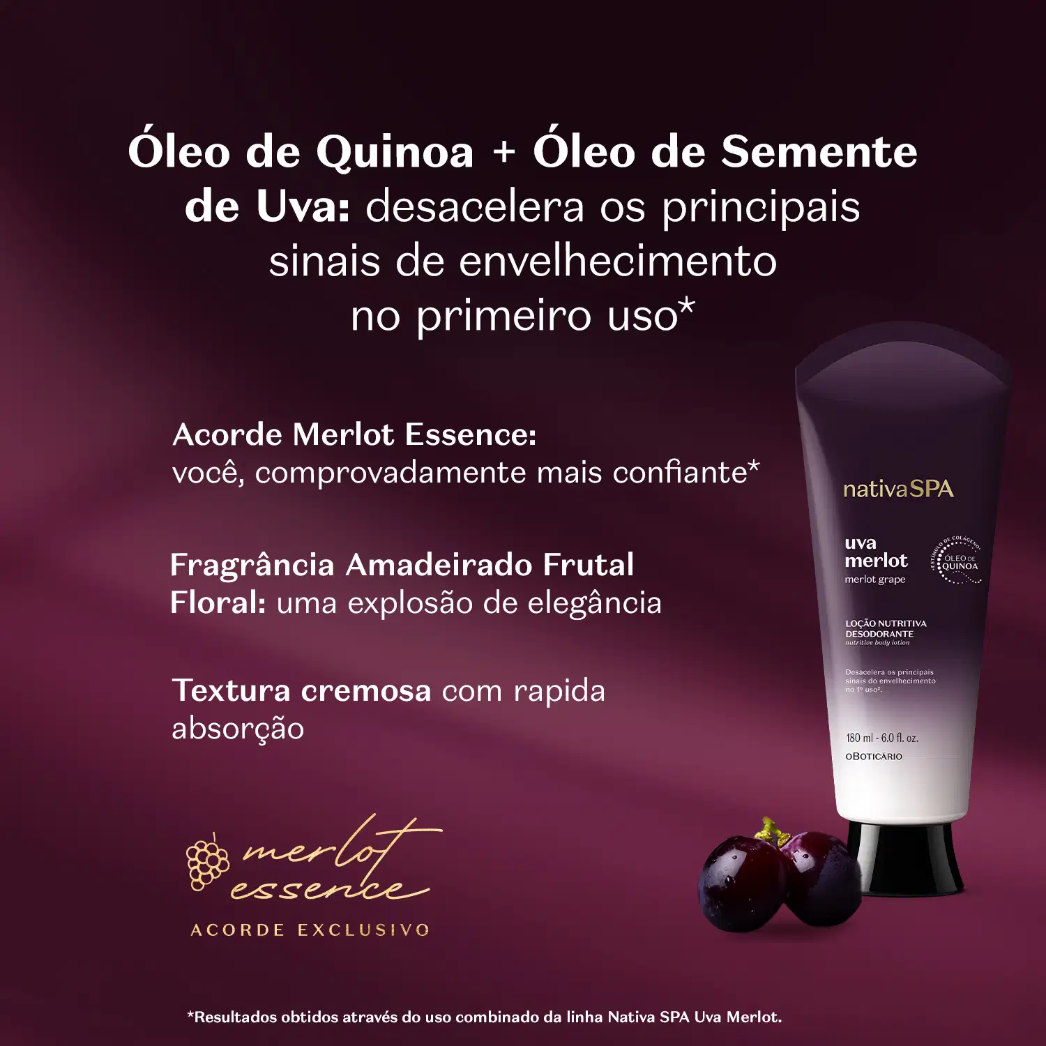 Embalagem de loção hidratante corporal da marca Nativa SPA Uva Merlot em ambiente escuro, com uvas merlot ao redor e texto em letras brancas destacando a fragrância do produto.