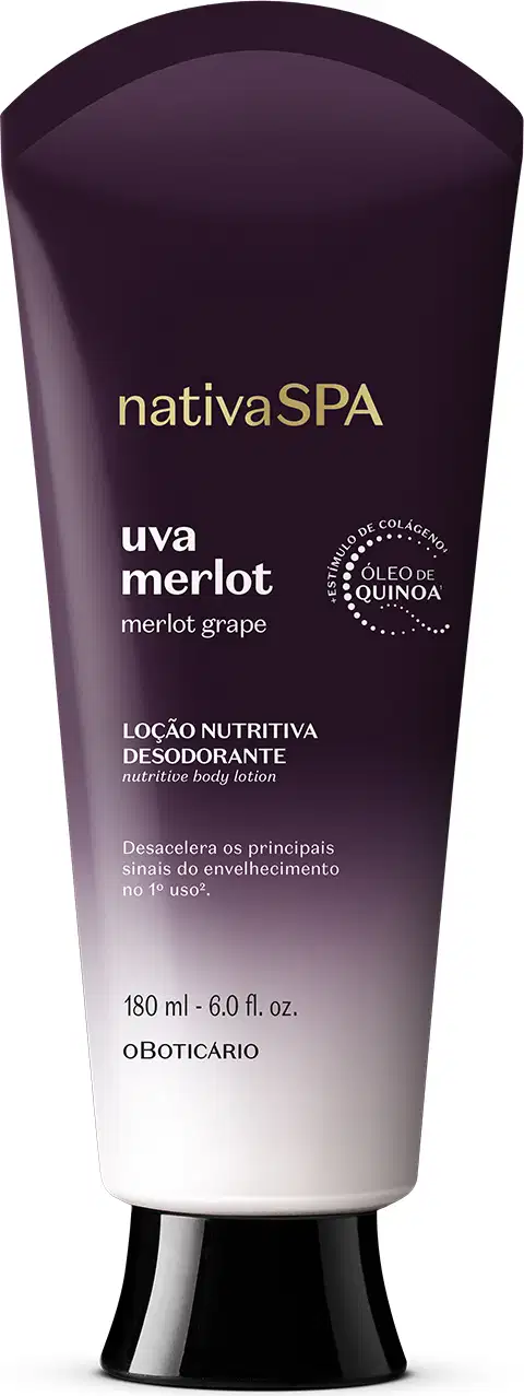 Frasco de loção corporal nutritiva desodorante da marca Nativa SPA Uva Merlot, em embalagem de 180ml com degradê de roxo e branco, tampa preta e letras douradas e brancas.