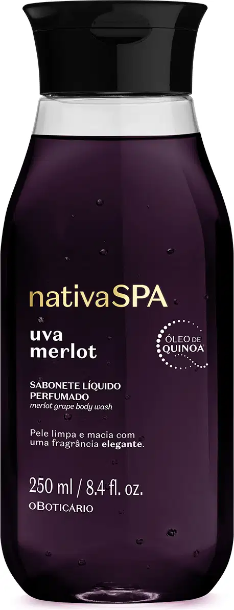 Frasco de 250 de sabonete líquido perfumado da marca Nativa SPA Uva Merlot, em embalagem transparente com sabonete roxo escuro, tampa preta e letras brancas e douradas.
