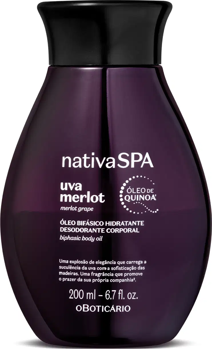 Frasco de200ml de óleo corporal hidratante da marca Nativa SPA Uva Merlot, na cor roxa escura, tampa preta com rótulo em letras douradas e brancas.
