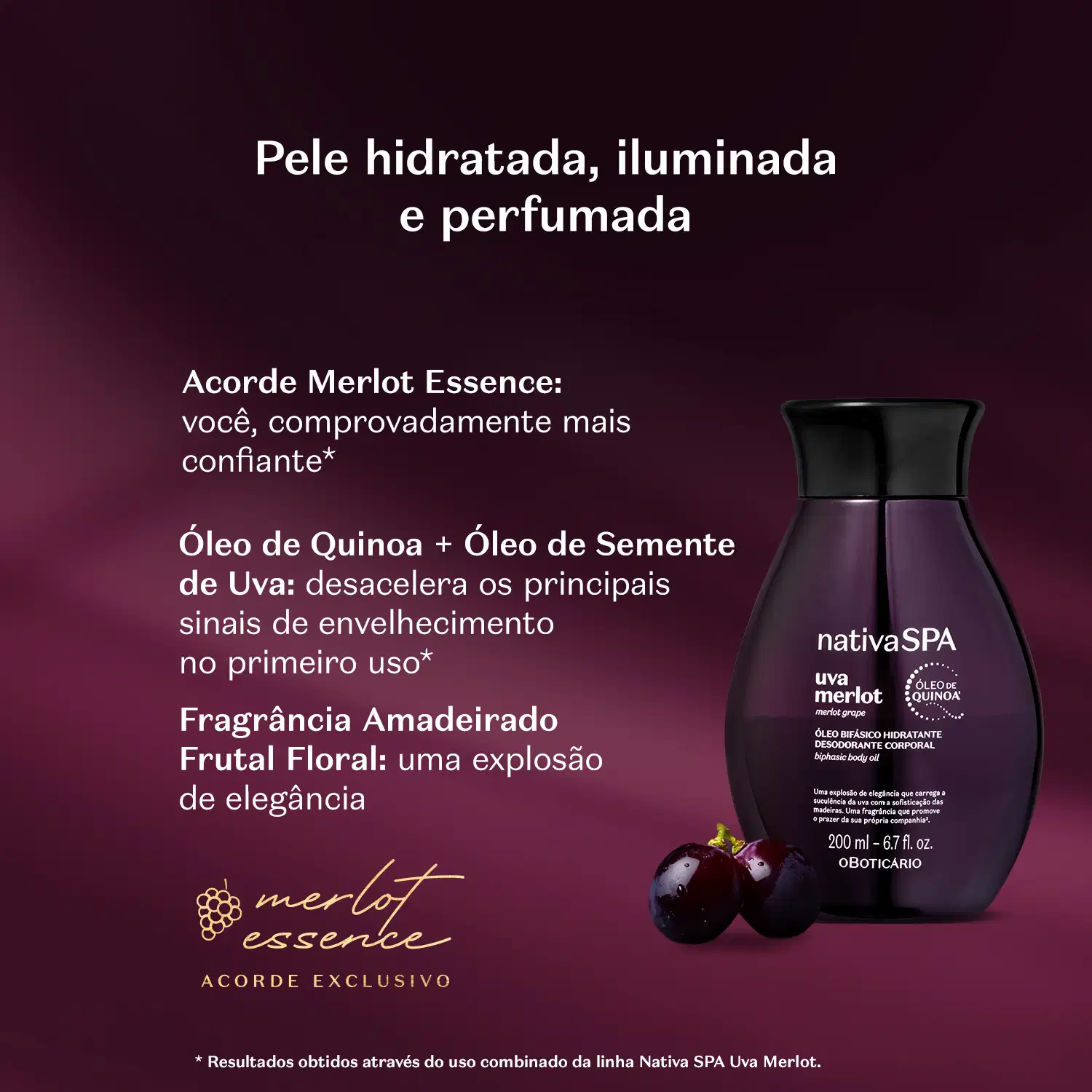 Embalagem roxa escura com tampa preta e letras brancas e douradas de óleo hidratante corporal Nativa SPA Uva Merlot em ambiente com fundo escuro e iluminação suave. Há uvas merlot ao redor e texto em letras brancas destacando a fragrância do produto.