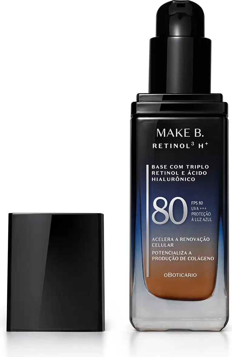 Frasco de vidro retangular aberto em degradê de preto para o azul base líquida da marca Make B.  Retinol 3 H+, na parte inferior se vê o tom marrom da base. O rótulo contém texto escrito em branco, com destaque para o FPS 80. Tampa preta ao lado do frasco