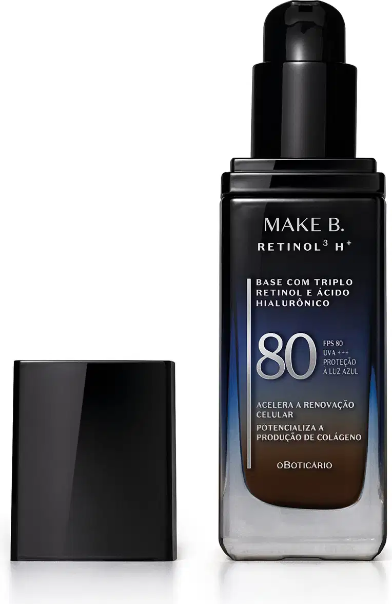 Frasco de vidro retangular aberto em degradê de preto para o azul base líquida da marca Make B.  Retinol 3 H+, na parte inferior se vê o tom marrom da base. O rótulo contém texto escrito em branco, com destaque para o FPS 80. Tampa preta ao lado do frasco