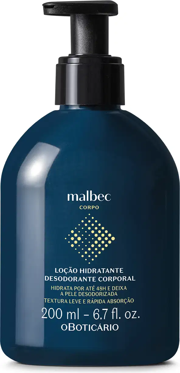 Frasco azul marinho com bomba dosadora preta, letras brancas e detalhes amarelos contendo 200ml de loção hidratante corporal Malbec Corpo.