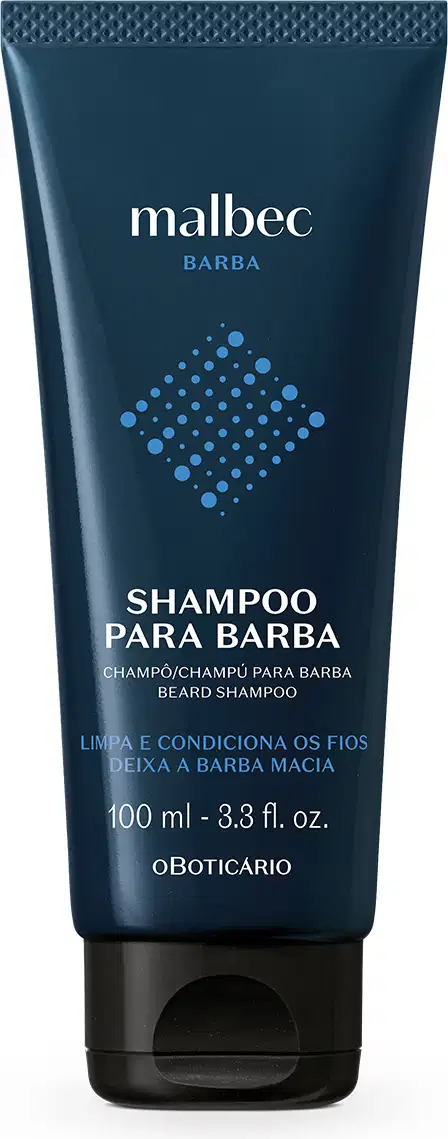 Bisnaga azul escura com letras brancas e detalhes em outro tom de azul contendo 100ml de shampoo para barba Malbec Barba.