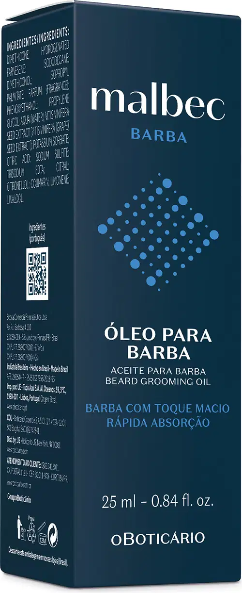 Caixa azul escura com letras brancas e detalhes azuis contendo um frasco de óleo para barba da marca Malbec Barba.