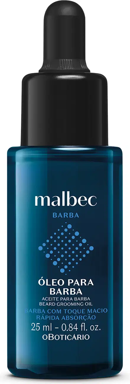 Frasco azul escuro com letras brancas, detalhes azuis e tampa preta contendo 25ml de óleo para barba da marca Malbec Barba.