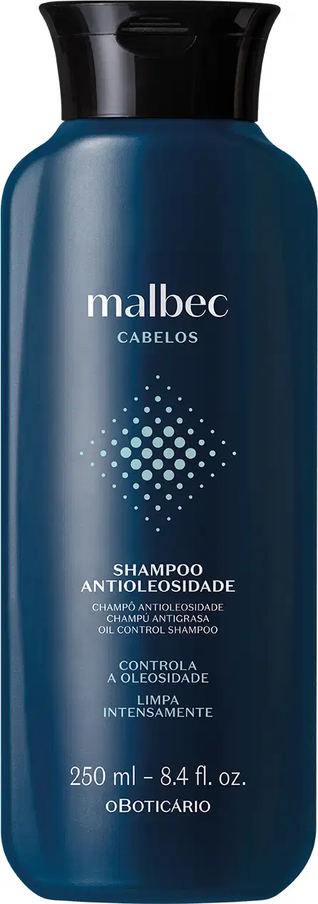 Frasco azul escuro com tampa preta, letras brancas e detalhes na cor cinza contendo 250ml de shampoo antioleosidade da marca Malbec Cabelos.