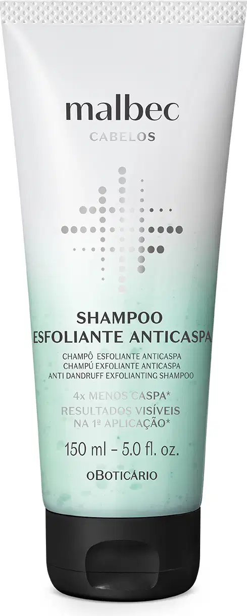 Um frasco verde claro com tampa e letras na cor verde escuro contendo 150ml de shampoo esfoliante anticaspa Malbec Cabelos.