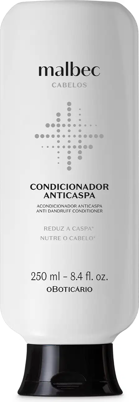 Imagem de um frasco branco com tampa preta e rótulo com letras pretas da marca Malbec  para cabelos, contendo condicionador anticaspa, com informações sobre o produto e volume de 250 ml.