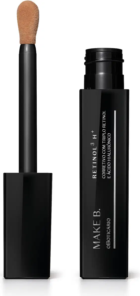Frasco preto de corretivo líquido da marca Make B. Retinol³ H+ aberto e tampa com aplicador visível na cor preta com ponta em espuma aveludada na cor do produto.