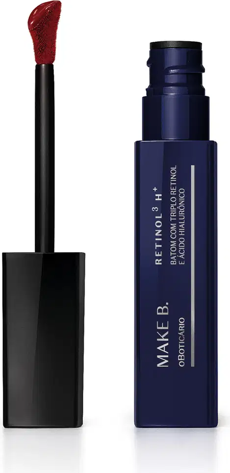 Frasco de batom líquido da marca Make B. com aplicador em formato de pincel com ponta aveludado na cor do produto, em embalagem azul escura com texto em branco.