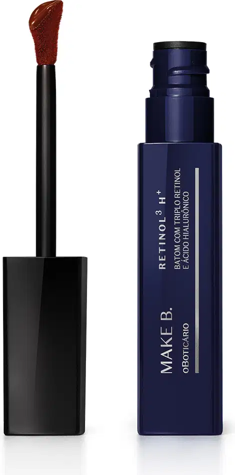 Frasco de batom líquido da marca Make B. com aplicador em formato de pincel com ponta aveludado na cor do produto, em embalagem azul escura com texto em branco.