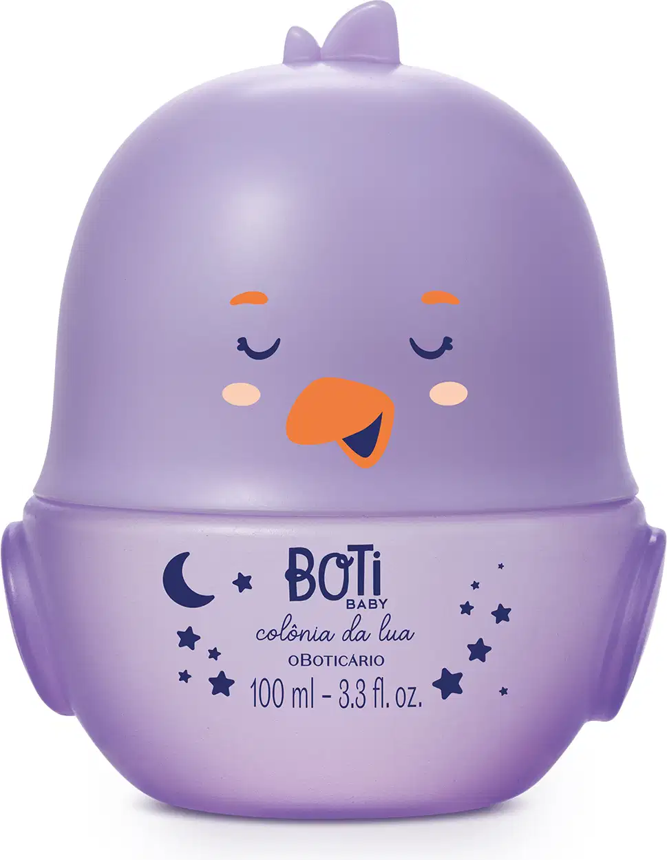 Frasco em forma de pintinho na cor roxa com detalhes laranja contendo 100ml de colônia Boti Baby Lua.